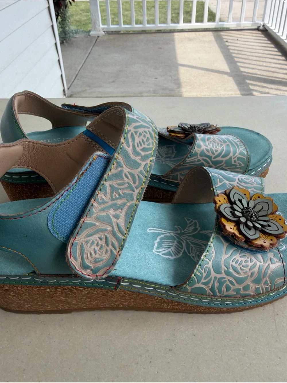New L'Artiste by Spring Step Leather Wedge Teal Sandals Cuteness Sz 38, US 7.5~8